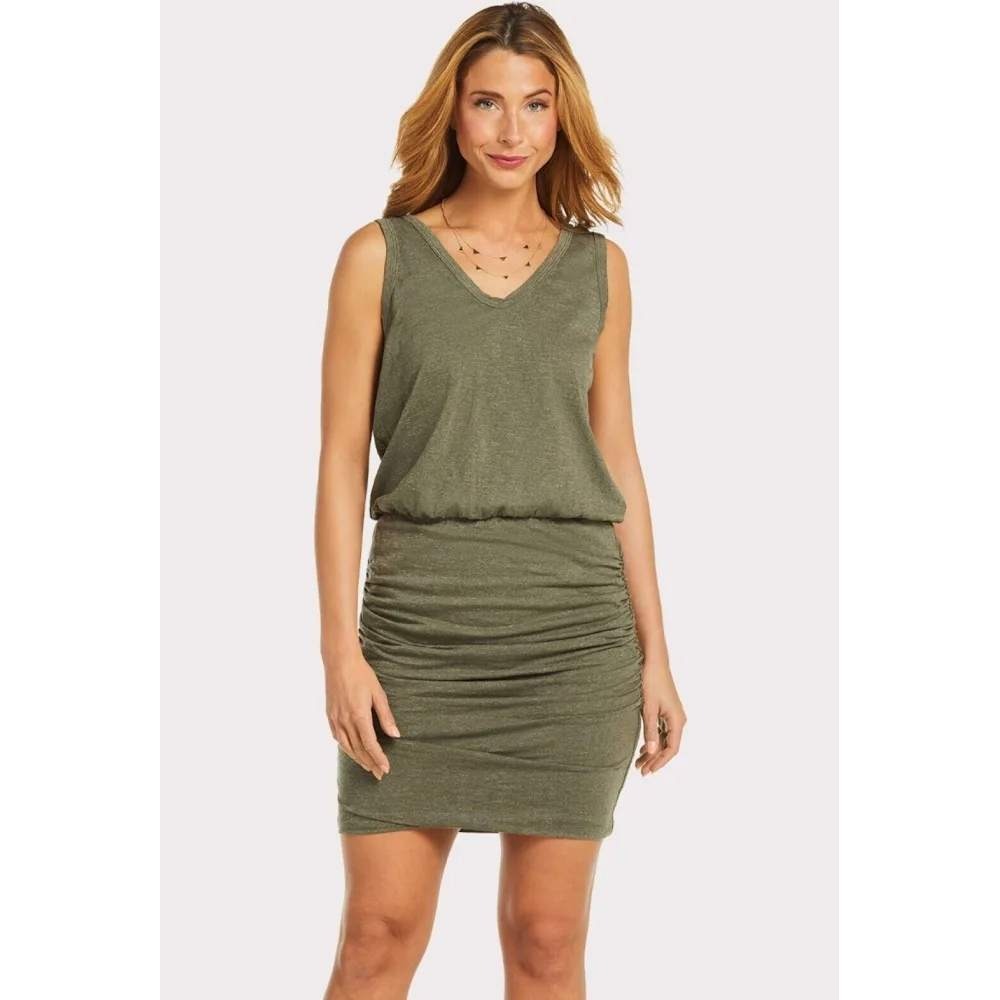 Sundry Dress Sleeveless Scrunch Size 3 Olive Green Ruched V-Neck Jersey Knit L